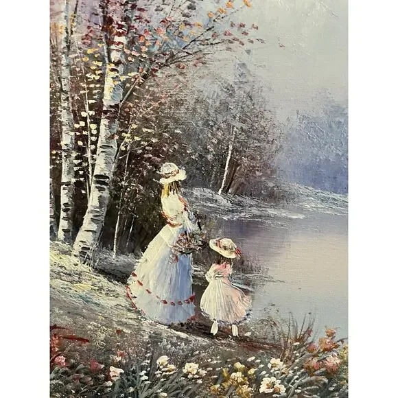 Vintage Original Oil Canvas Mother Daughter Forest Of Flowers Signed Walton
